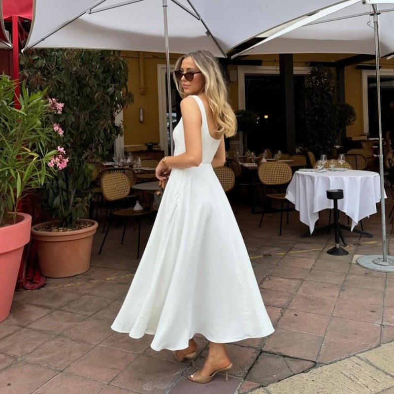 Wholesale  Summer New Solid Color Square Collar Sleeveless Sling Long Fashion Women's dress
